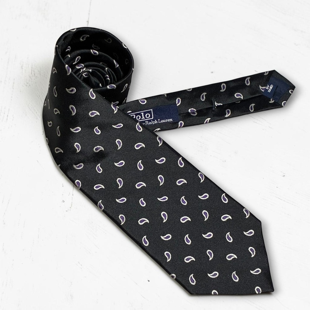 Vintage Polo Ralph Lauren Paisley Micro Pattern Silk Necktie USA Mens Black